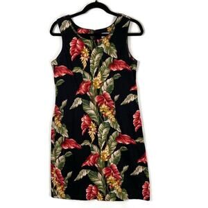 YOUNG HAWAII VTG WMN Hawaiian Print Aloha Luau Shift Dress Black Floral Size Med